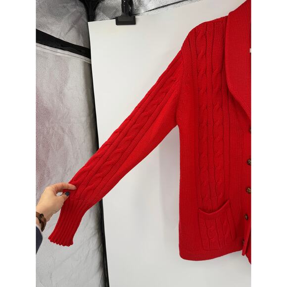 Vintage Sears Womens Cardigan Sweater Red Worsted Wool Cable Knit Fisherman - Picture 6 of 10
